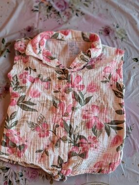 Carter's Pink Floral Button-Front Toddler Top with Green Leaves/ 5T